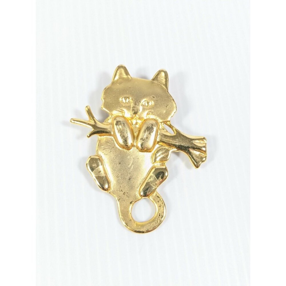 Vintage Gold Tone Matte Cat Hanging‎ From Branch Kitten Pin Brooch